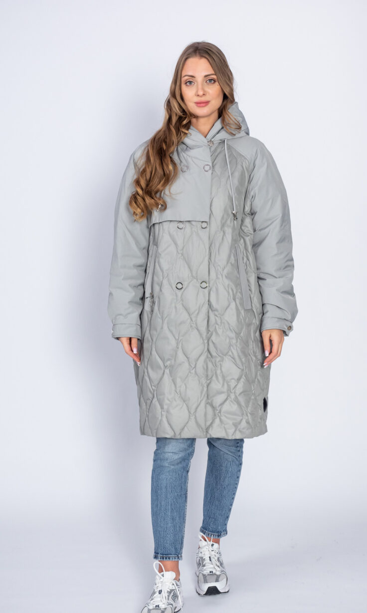 Пуховик женский B 60 258 с капюшоном оливковый