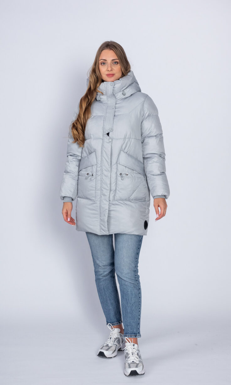 Пуховик женский 8852 с капюшоном серо-голубой
