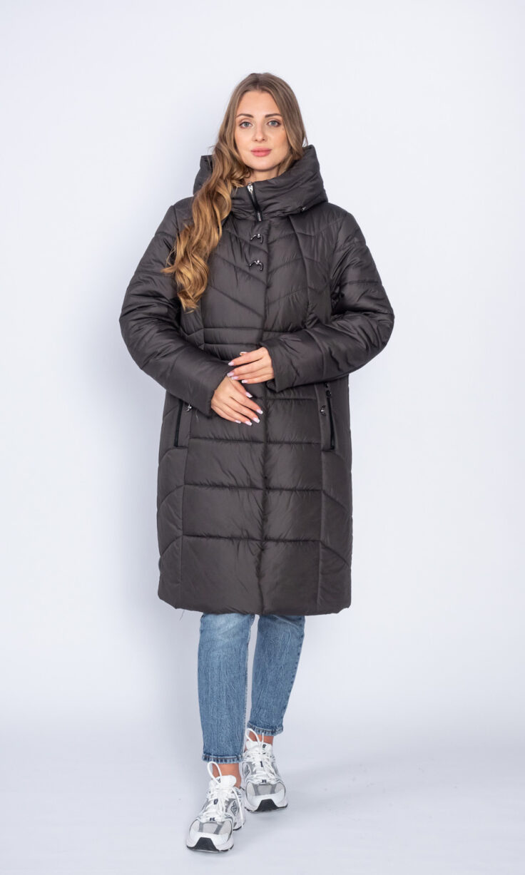 Пуховик женский Мануфактура Носова 10381 с капюшоном темно-серый Пуховик женский Мануфактура Носова 10381 с капюшоном темно-серый