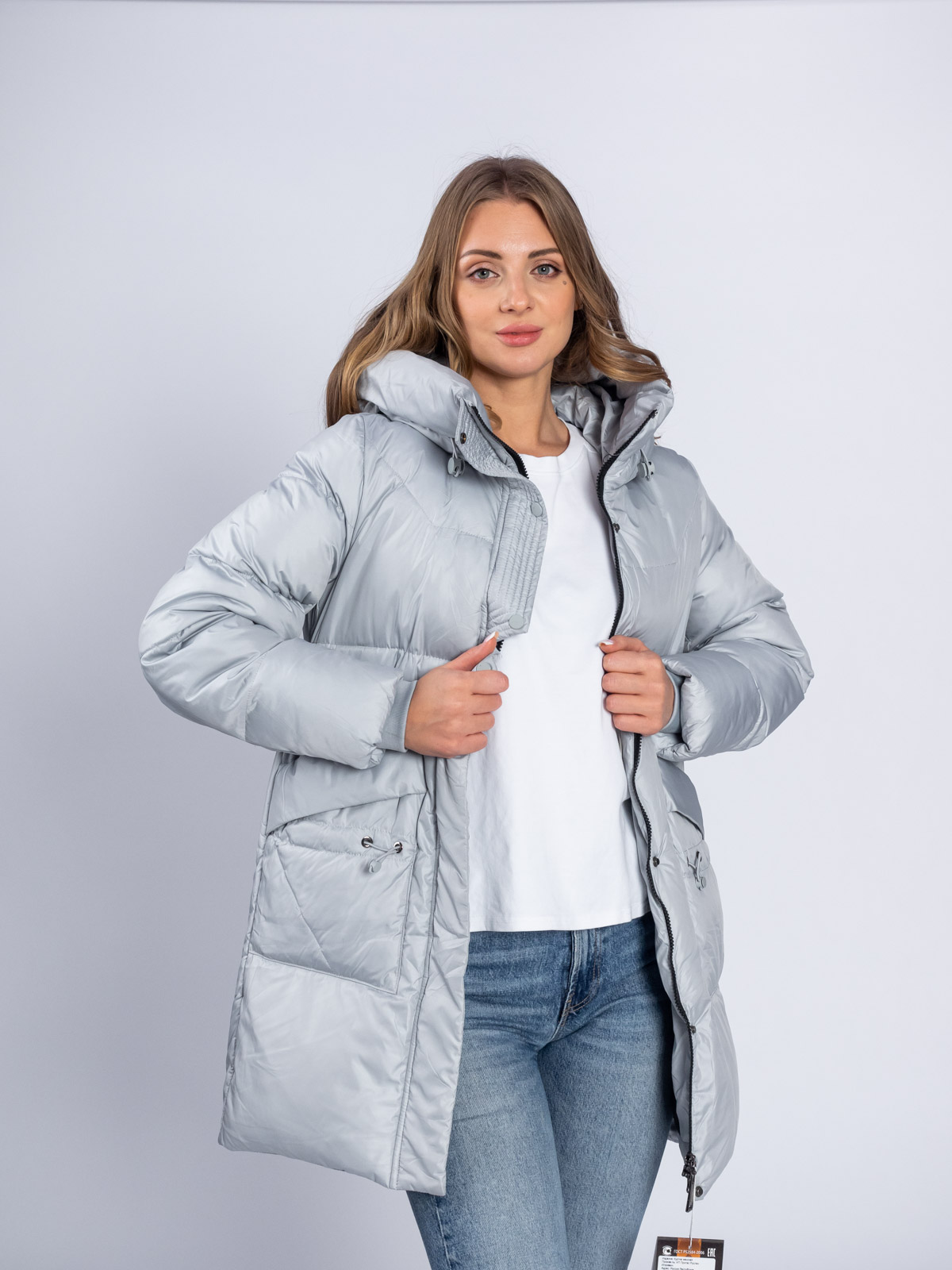 Пуховик женский 8852 с капюшоном серо-голубой Пуховик женский 8852 с капюшоном серо-голубой