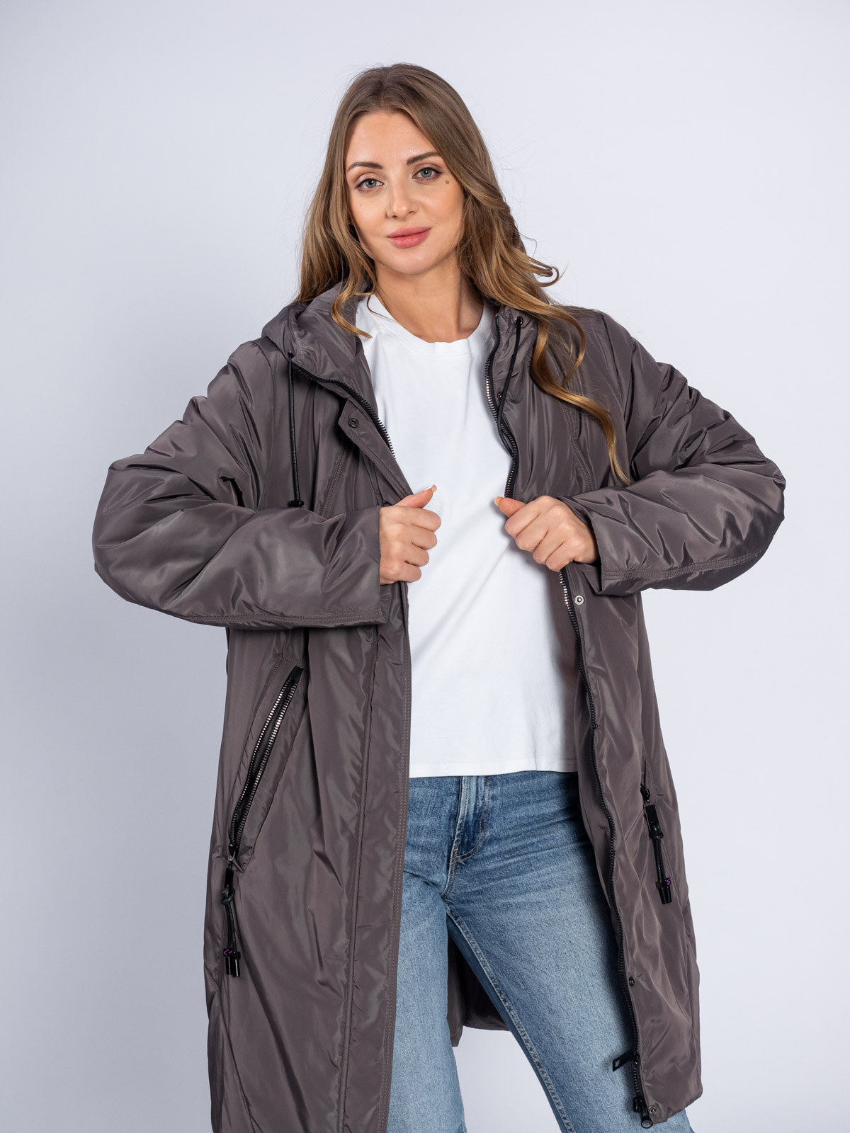 Пуховик женский 5459 с капюшоном кофе Пуховик женский 5459 с капюшоном кофе