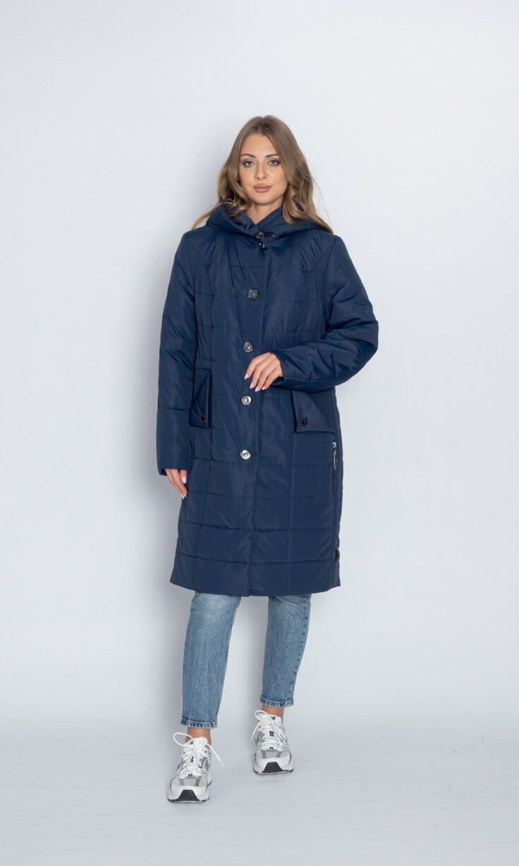Пуховик женский Б 90 Кураж 16 с капюшоном синий