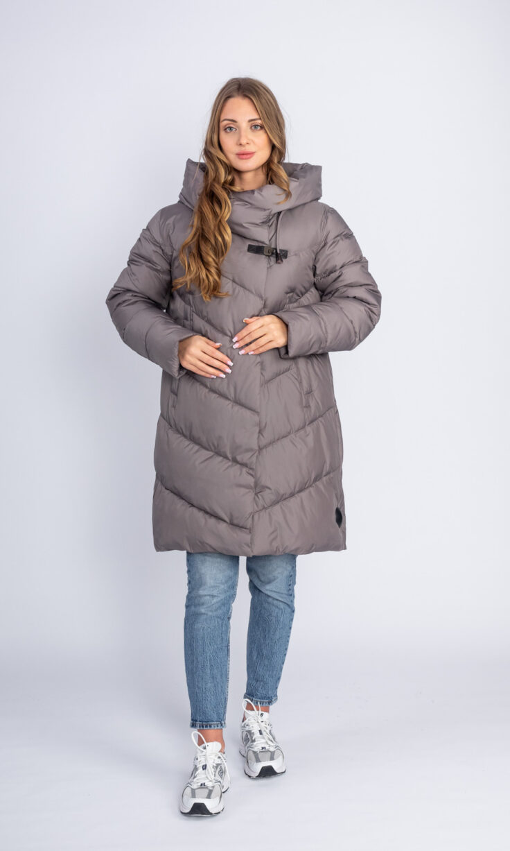 Пуховик женский 9005 с капюшоном бежевый